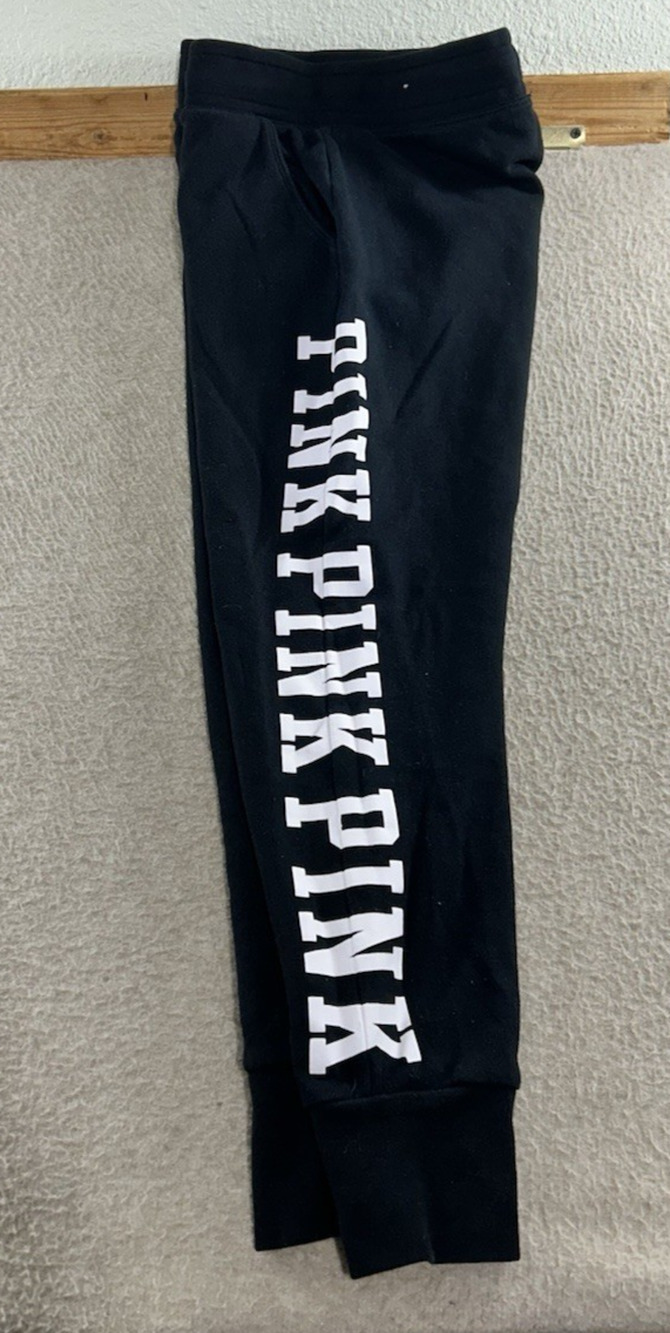 Women's Victoria's Secret PINK Black Sweatpants Sz Small Joggers Spellout Fleece